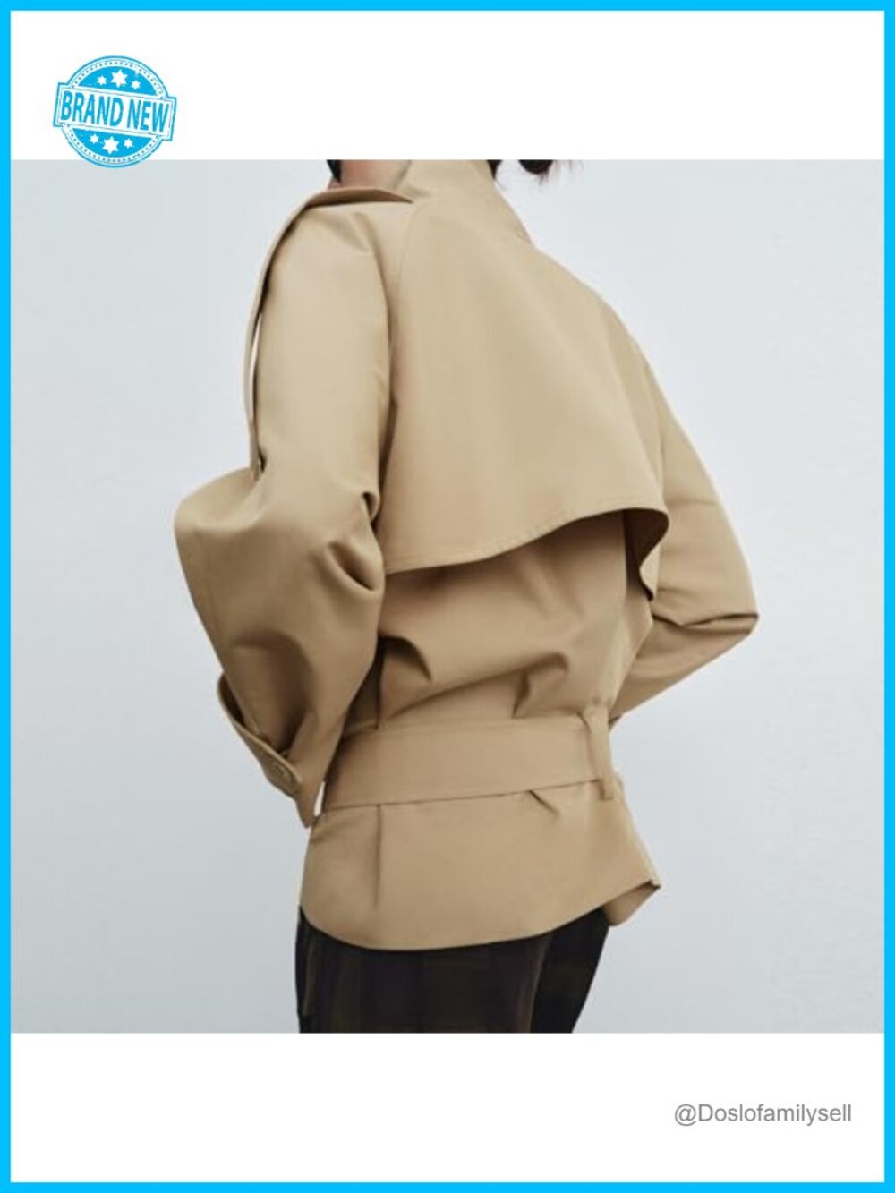 Cropped Trench Coat Women Funnel Neck Double Breasted Belted Fall Spring Jacket - Picture 2 of 6